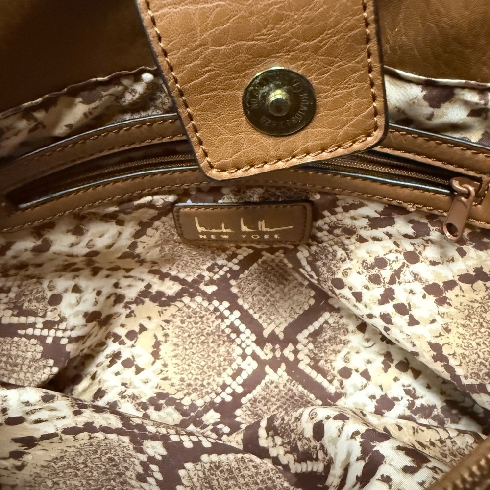 Nicole Miller Tan Sparkly Linen & Faux Leather Laser-Cut Tote Handbag - Picture 12 of 14